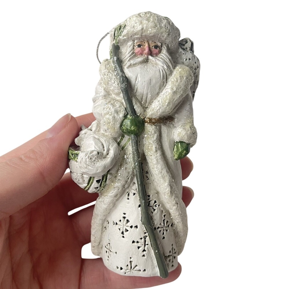 P. Schifferl White Santa ornament white coat fox Owl staff signed 4" Primitive